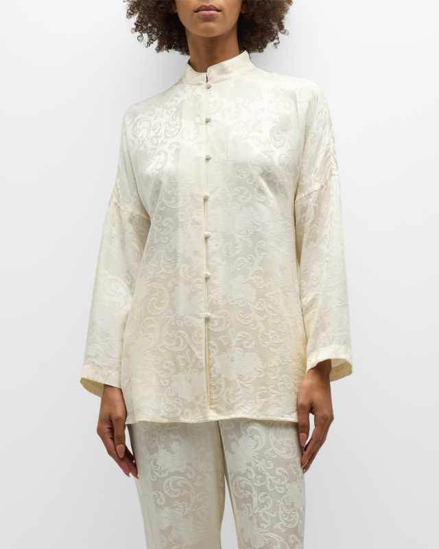 Ines Mandarin-Collar Floral Jacquard Pajama Set